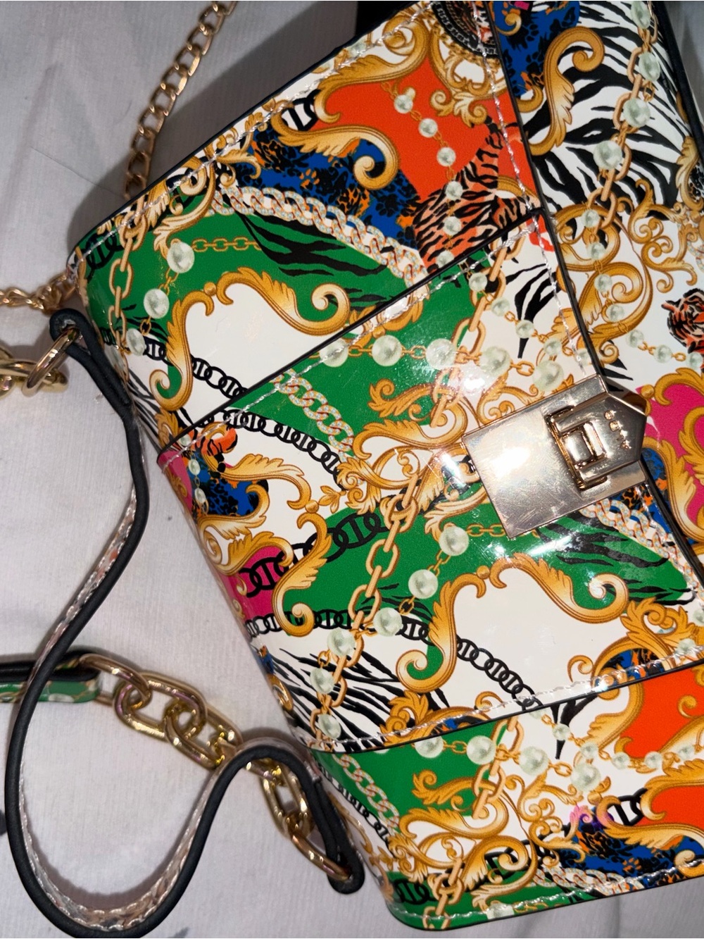 Bold Multicolor Print Chain-Detail Crossbody Bag